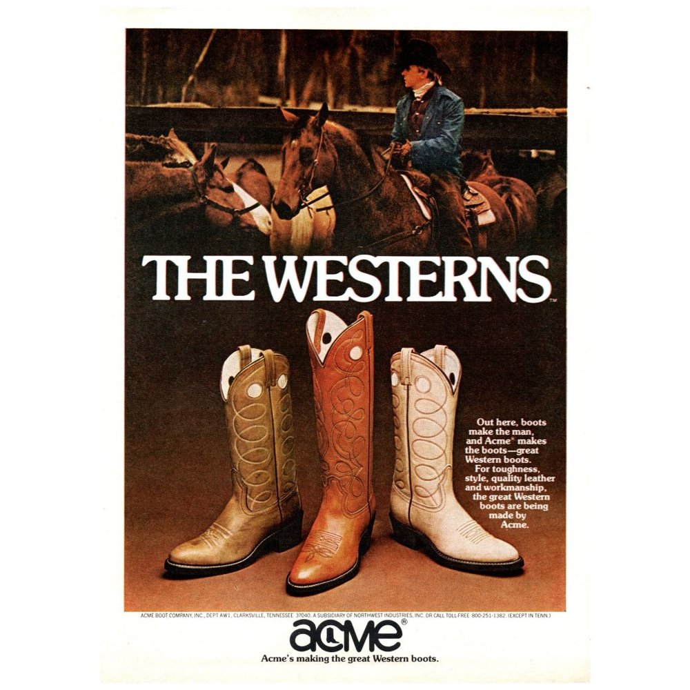 1979 Acme Western Cowboy Boots Vintage Print Ad Cowboy Hat Horseback Wall Art